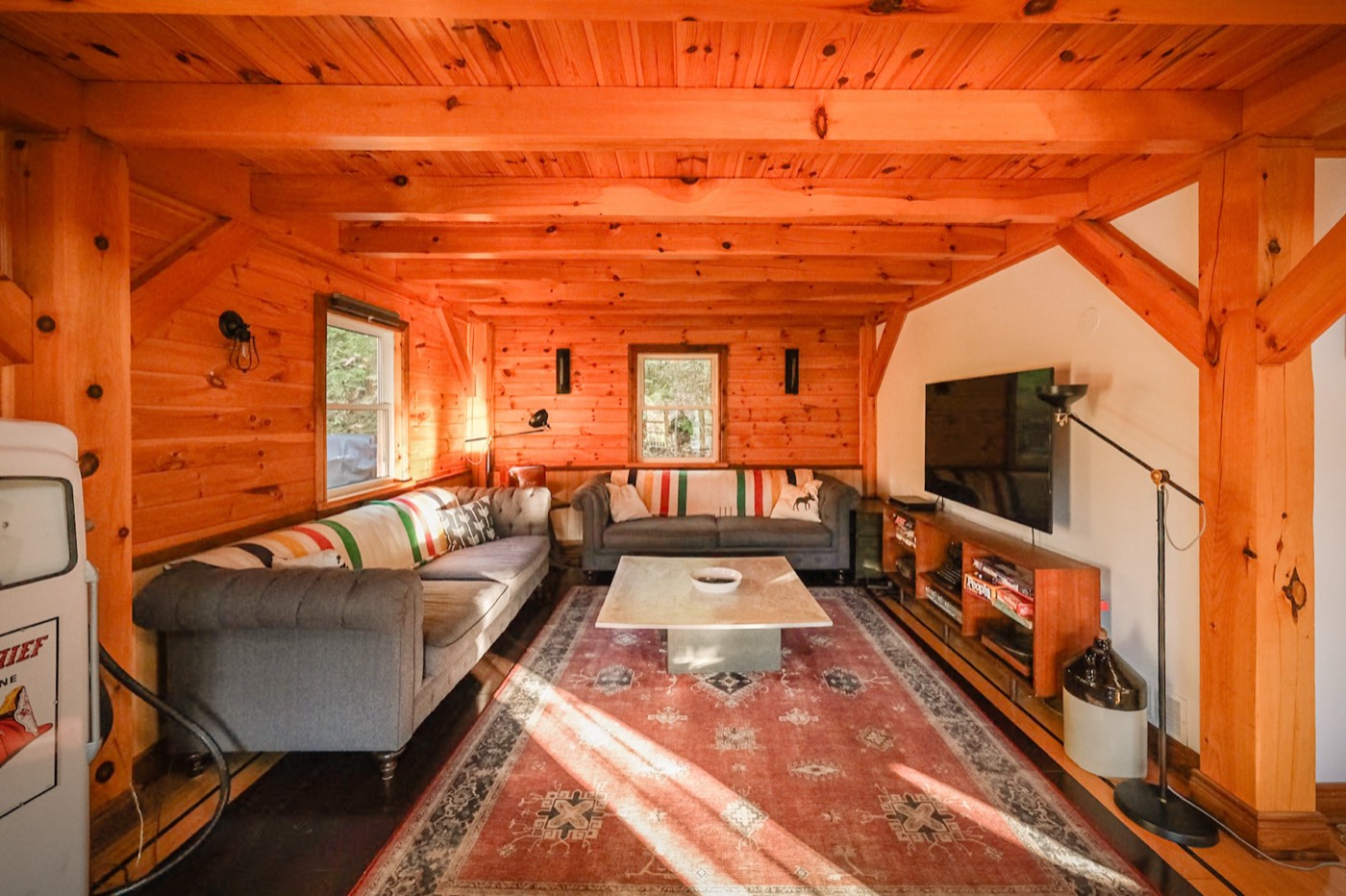 The Frontenac open concept living room with pine interior